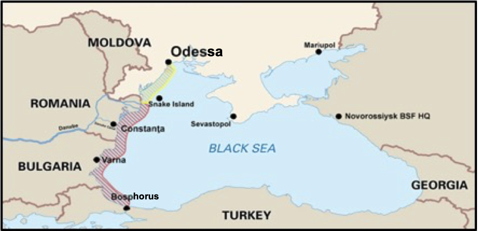 Proposed near-shore corridor to provide Ukrainian ships access to the Bosphorus. Yellow areas show Ukrainian territorial waters to be defended by Ukrainian forces; red areas show territorial waters of Romania, Bulgaria, and Turkey, to be defended by NATO. Image credit: Authors.